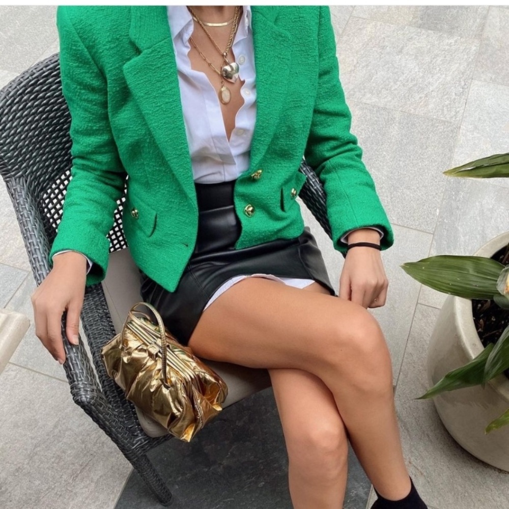 Zara Textured Crop Blazer Green Medium